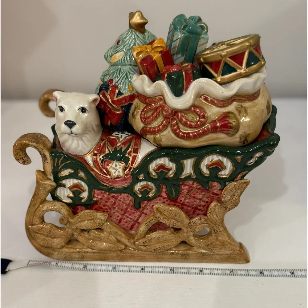 Fitz and Floyd Christmas Tidings Sleigh Candy Dish Polar Bear Presents Tree